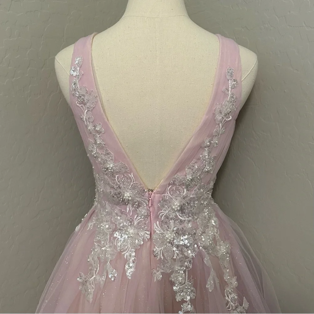 🔴CLEARANCE NEW JOVANI SZ 12 LIGHT PINK BEAD SHIMMER TULLE FIT FLARE FORMAL DRESS